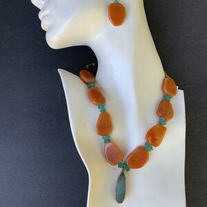 Set NECKLACE Earring Druzy Handmade Aqua Apatite Orange Red Carved Aventurine